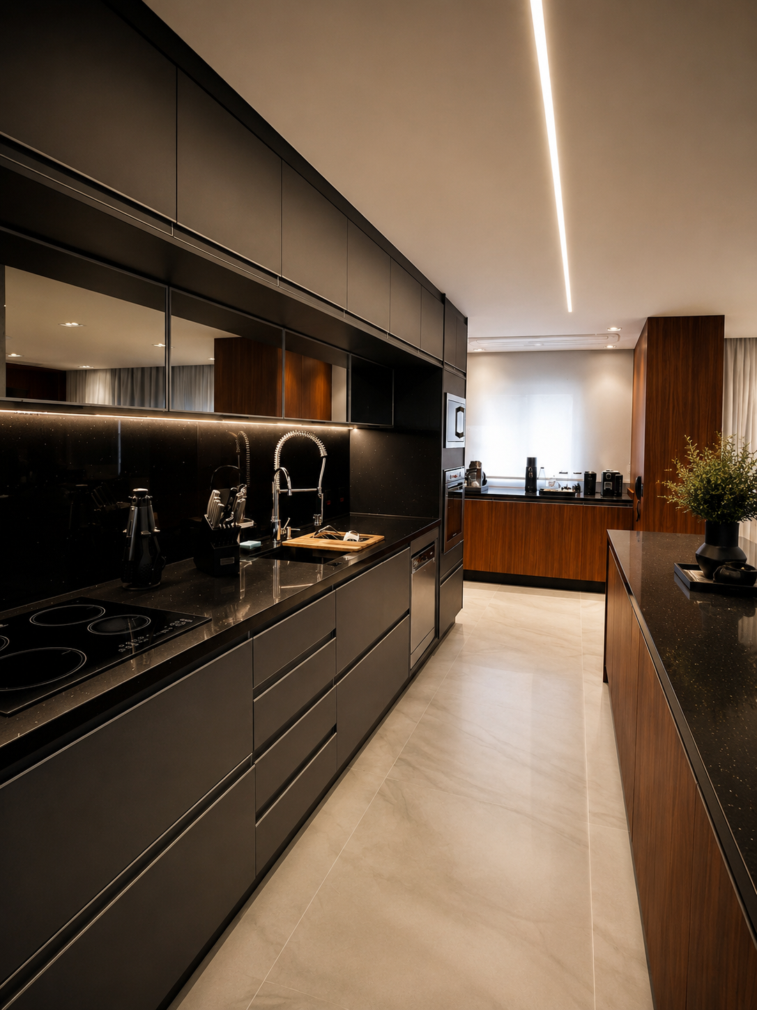 Reforma de cozinha de alto padrão em São Paulo — cozinha com bancada em granito negro e marcenaria grafite